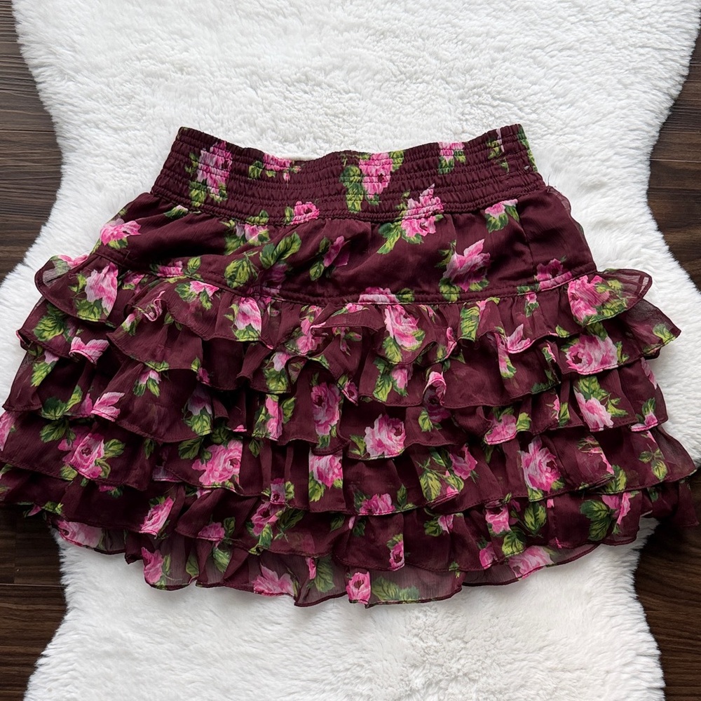Y2K Abercrombie & Fitch Burgundy Ruffle Mini Skirt Pink Floral Print sz Small